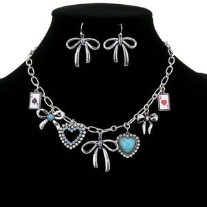 Western Heart Bow Card Charm Station Necklace